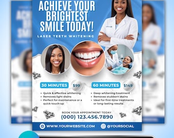 Teeth Whitening Flyer: Dental Clinic Laser Treatment Promotion Marketing Canva Template For Dentists Social Media