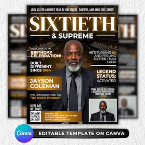 May include: A magazine-style birthday invitation template featuring a portrait of a Black man in a suit. The design includes gold text that reads "Sixtieth & Supreme" and the phrases "Birthday Celebration!" and "Legend Status: Activated."