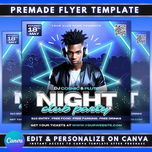 Night Club Party Flyer, DIY Flyer Template Design, Male Night Out Flyer, DJ Invite Flyer, Premade Celebration Club Event Business Flyer