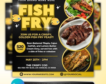 Fish Fry Flyer: Restaurant Seafood Dinner Promotion Event Marketing Editable Canva Template Design Today