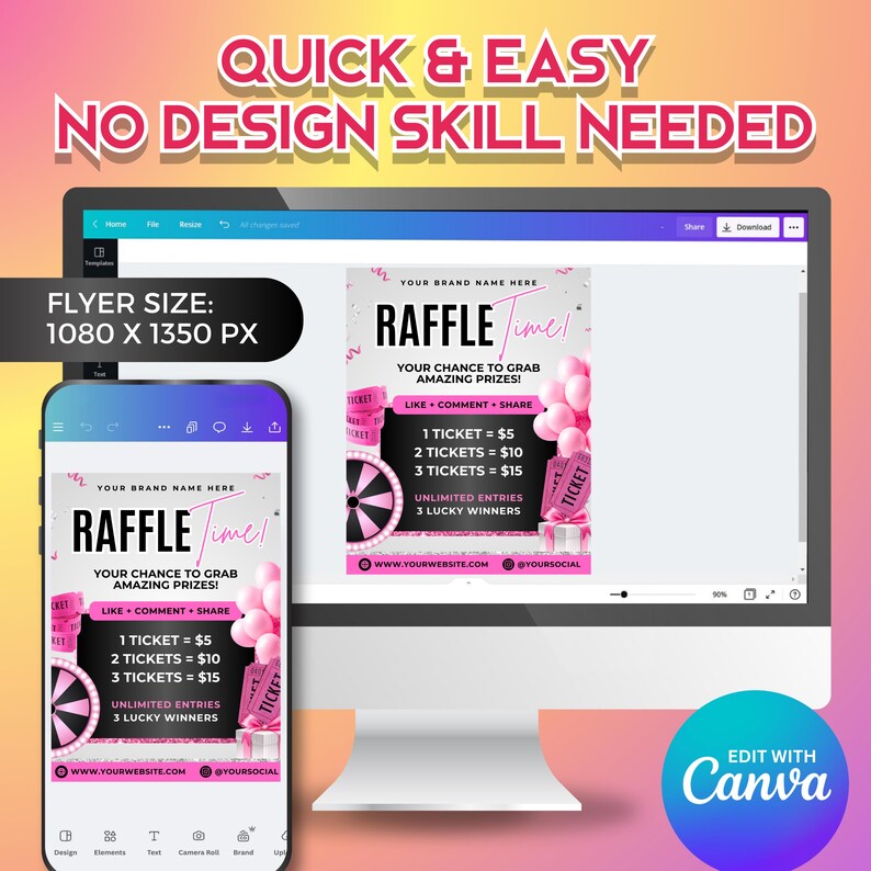 Raffle Giveaway Flyer: Small Business Promo Ticket Event Design, Pink ...