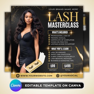 May include: A promotional graphic for a Lash Masterclass, featuring a woman in a black dress. The design includes text detailing what's included, what you'll learn, and website information. A box of false eyelashes is also visible.