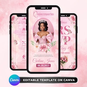 Animated Quinceañera Invitation Template, Editable Pink 15th Birthday Video Invite, Sweet 16 Digital Floral E-vite, Quinceañera MP4 Download