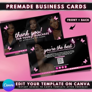 Thank You Card, DIY Canva Business Card Template Design, Salon Marketing Cards, Butterfly Calling Card, Premade Pink Beauty Business Cards