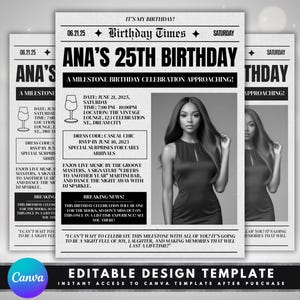 Invito per festa con giornale, modello di volantino fai da te, volantino per evento, invito su carta di giornale, notiziario di compleanno preimpostato su foglio grande