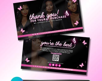Beauty Thank You Card: Small Business Packaging Insert, Butterfly Calling Card, Premade Pink Beauty Business Cards Canva Template