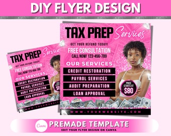 Puede incluir: Un folleto rosa con un fondo brillante y una imagen en blanco y negro de una mujer. El folleto anuncia servicios de preparación de impuestos con el texto "TAX PREP Services" y una lista de servicios que incluyen restauración de crédito, servicios de nómina, preparación de auditoría y aprobación de préstamos. El folleto también incluye el texto "GET YOUR REFUND TODAY!" y "FREE CONSULTATION".