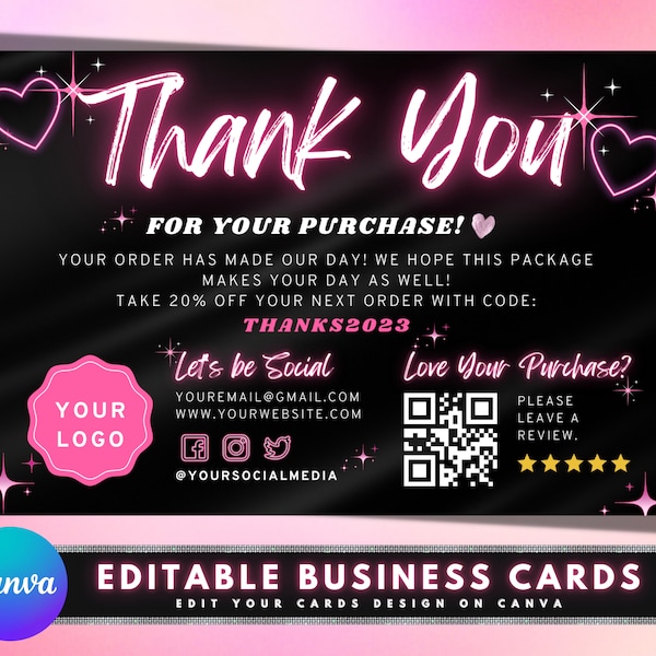 Thank You Card, DIY Marketing Cards Template Design, Neon Hair Business Cards, Lash Thank you Cards, Thank You For Order Packaging Insert