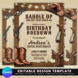 Invito per festa Western Hoedown, modello di volantino fai da te, invito per festa di compleanno Country Western, cowboy e cowgirl, festa preimpostata del Far West