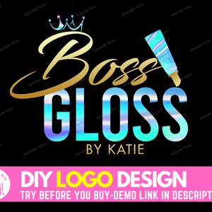 DIY Beauty Logo, Edit Yourself Lipgloss Logo, Glam Lip Gloss Logo Design, Lips Artist Logo, Makeup Cosmetics Business Branding Logo Template
