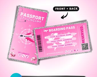 Travel Agent Business Card: Boarding Pass, Passport Invitation, Pink Airplane Business Branding, Canva Template