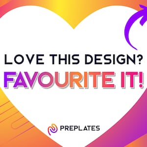 Puede incluir: Un coraz&oacute;n blanco con una flecha morada apuntando hacia la derecha. El texto "LOVE THIS DESIGN? FAVOURITE IT!" est&aacute; en letras negras y rosas. El texto "PREPLATES" est&aacute; en letras negras con un logotipo morado y naranja.