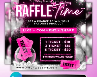 Raffle Flyer: Giveaway Promotion, Business Contest, Pink Glitter Raffle Ticket Design, Social Media Marketing, Editable Canva Template