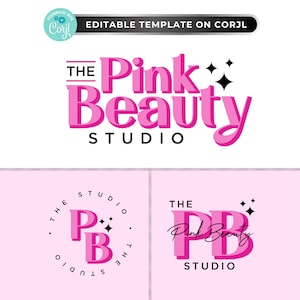 May include: A logo for "The Pink Beauty Studio" in a vibrant pink hue, with a stylized font. The design includes the full name and a simplified "PB" monogram, along with the text "Editable Template on Corjl".