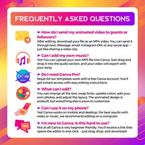 May include: A graphic with the title "FREQUENTLY ASKED QUESTIONS" in a gradient of orange, pink, and purple. The graphic answers questions about Canva, including adding music, editing, and using it on a phone.