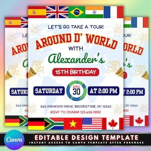 Convite de aniversário ao redor do mundo, design de modelo de panfleto faça você mesmo, convite com design de bandeiras do mundo, convite para festa de viagem, festa de aniversário de aventura pré-fabricada