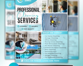 Cleaning Services Flyer: Janitorial, Commercial Housekeeping Business Promotion Design, Professional Canva Marketing Template