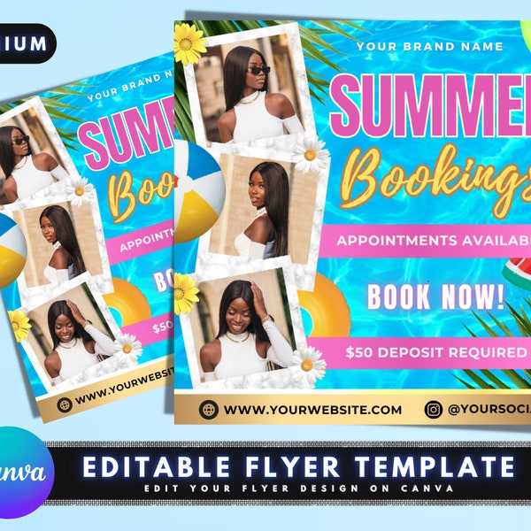 Summer Booking Flyer, DIY Flyer Template Design, Summer Season Appointment Flyer, Hair & Lash Flyer, Book Now Premade Social Media Flyer