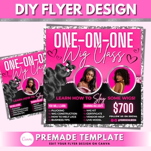 Hair Flyer, One-On-One Wig Class Flyer, Hair Extension Training Flyer, Hair Course Training Academy Flyer, Premade DIY Flyer Template Design