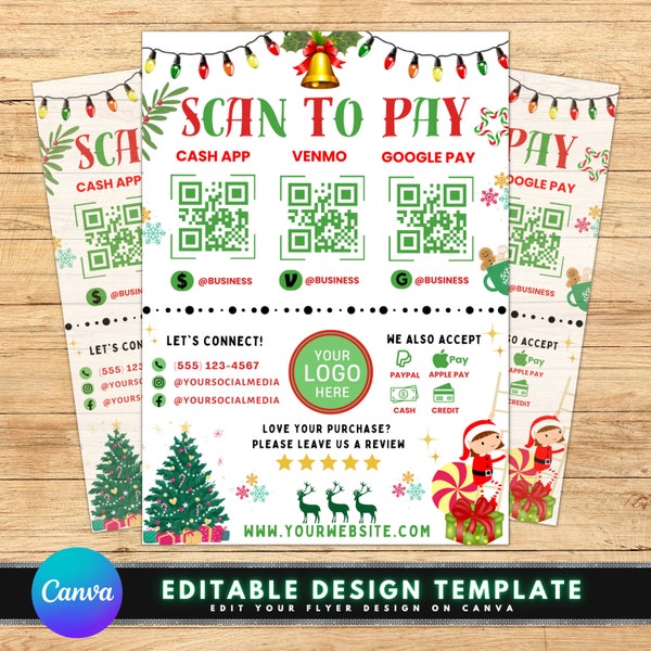 Christmas Scan To Pay Sign, DIY Canva Sign Template Design, QR Code Venmo Sign, Cash App Paypal Google Pay Sign, Premade Mobile Payment Sign