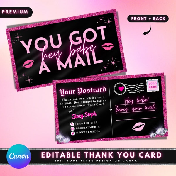 Thank You Post Card, DIY Canva Business Card Template Design, Marketing Cards, Glitter Pink Promotional Card, Premade Small Business Card