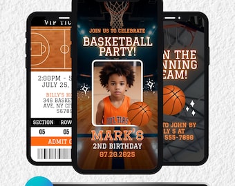 Puede incluir: Tres smartphones que muestran invitaciones a una fiesta de baloncesto y un boleto. El teléfono central muestra a un niño con una camiseta naranja con una pelota de baloncesto, el texto "MARK'S 2ND BIRTHDAY 07.20.2025" y "BASKETBALL PARTY!".
