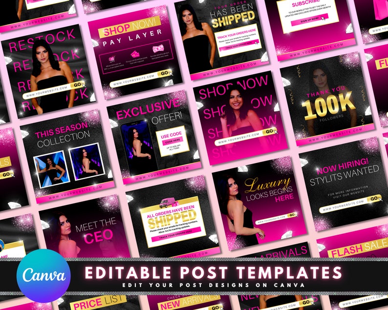 May include: A set of social media post templates designed for a fashion brand. The templates feature a black background with pink accents and diamond-shaped graphics. The text on the templates includes phrases such as "Shop Now", "Exclusive Offer", "Meet the CEO", and "Luxury Looks Begin Here".