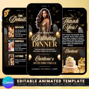 Animated Birthday Dinner Video Invitation, DIY Template Design, Instagram Story Invite, Premade Gold Party Celebration Event Digital Einvite