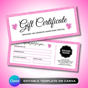 以下が含まれることがあります： ピンク色のグリッターフレームのギフト券テンプレート。エレガントな筆記体で「Gift Certificate」と書かれています。受取人、プレゼンター、バウチャー金額、有効期限のフィールドが含まれています。「BECAUSE YOU DESERVE SOMETHING SPECIAL」というテキストも含まれています。