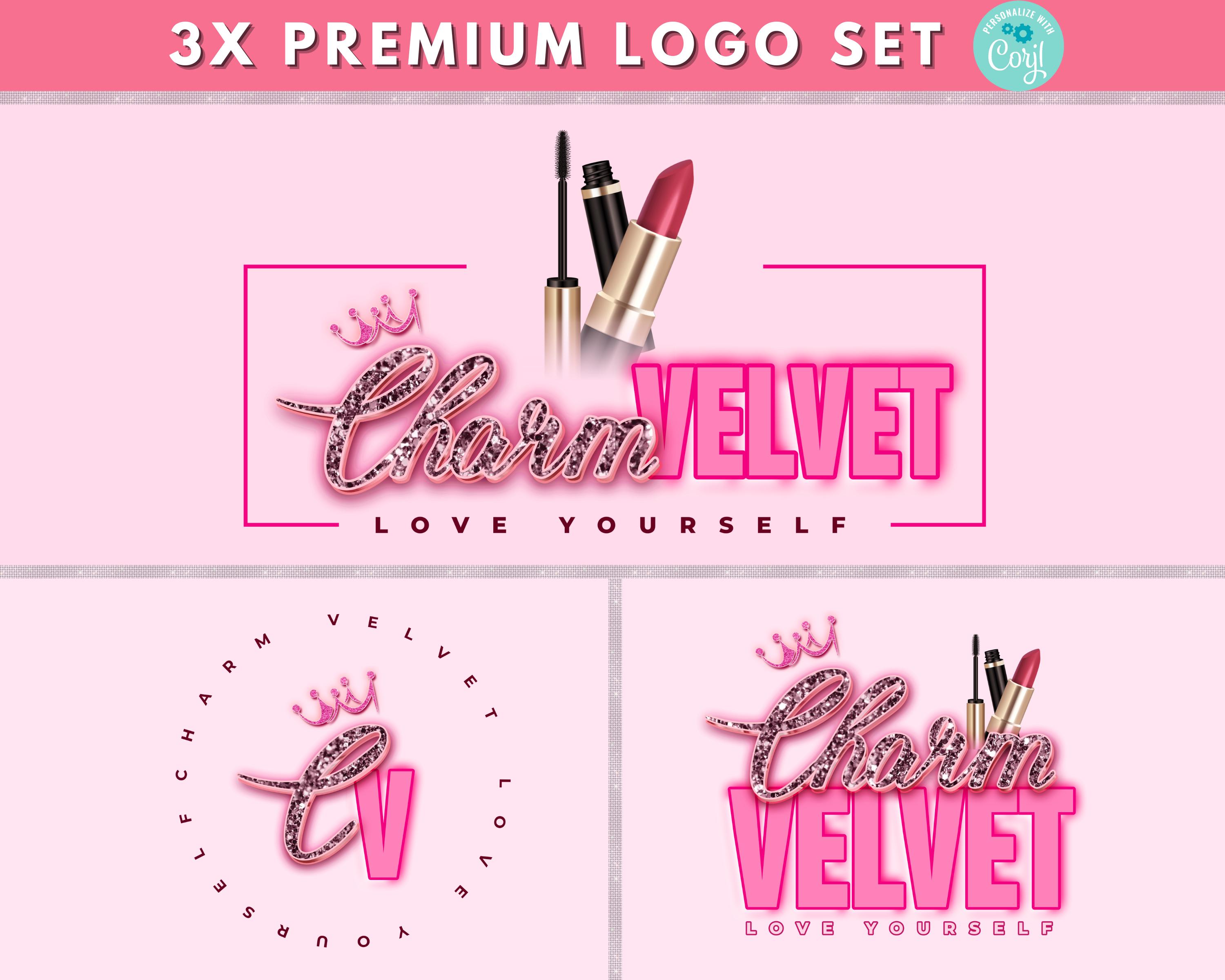 Beauty logo set, DIY ontwerpsjabloon, make-up elementen logo, roze esthetisch logo, modern girly-logo, kroonlogo, premade glanzend cosmetisch logo