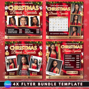 May include: Four red and gold Christmas-themed flyers advertising braid specials. Each flyer features a calendar, a price list for different braid styles, and a photo of a woman with braids. The text on the flyers reads "Christmas Braids Specials" and includes the website and social media handle for the business.