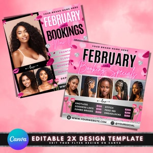 February Bookings Flyer, DIY Flyer Template Design, Valentine Appointments Flyer, Premade February Hair Wigs Braids Beauty Deals Promo Flyer