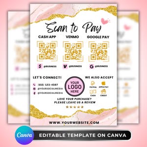 Pode incluir: Um flyer de negócios rosa e dourado com o texto "Scan to Pay" e códigos QR para Cash App, Venmo e Google Pay. Inclui informações de contato, redes sociais e opções de pagamento. O flyer é um modelo editável no Canva.