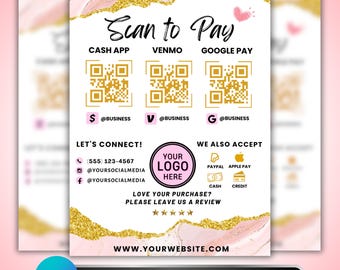 Scan Payment Sign: Beauty Salon Cash App Venmo Google Pay QR Display Canva Template
