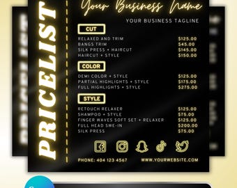 Salon Price List Template: Gold Price List, DIY Flyer Template Design,  Luxury Hair Services Menu Flyer Black Gold Beauty Canva Template