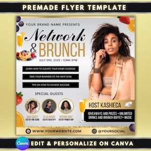 May include: Premade flyer template for a "Network & Brunch" event. The flyer features a woman, event details, and guest speakers. Includes text: "Learn How to Elevate Your Inner Goddess" and "Take Your Business to the Next Level."