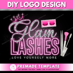 Lash Logo, DIY Logo Design Template, Eyelash Logo, Pink Neon Logo, Lashes Logo, Lash Extension Logo, Makeup Logo, Premade Business Logo