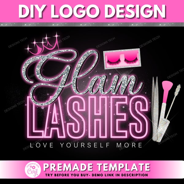 Lash Logo, DIY Logo Design Template, Eyelash Logo, Pink Neon Logo, Lashes Logo, Lash Extension Logo, Makeup Logo, Premade Business Logo