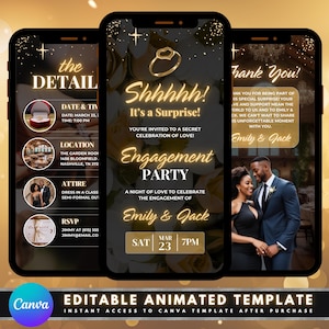 Convite animado para festa de noivado, design de modelo faça você mesmo, convite de vídeo de celebração, jantar de casamento de noivado surpresa digital pré-fabricado