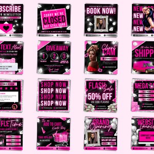 May include: A collection of 16 social media post templates for a business. The templates feature a black background with pink and silver glitter accents. The text on the templates includes phrases like "Subscribe to our newsletter", "Shop Now", "Giveaway", "Flash Sale", "Mega Sale", "Raffle Time", "Grand Opening", and "Website Launch".