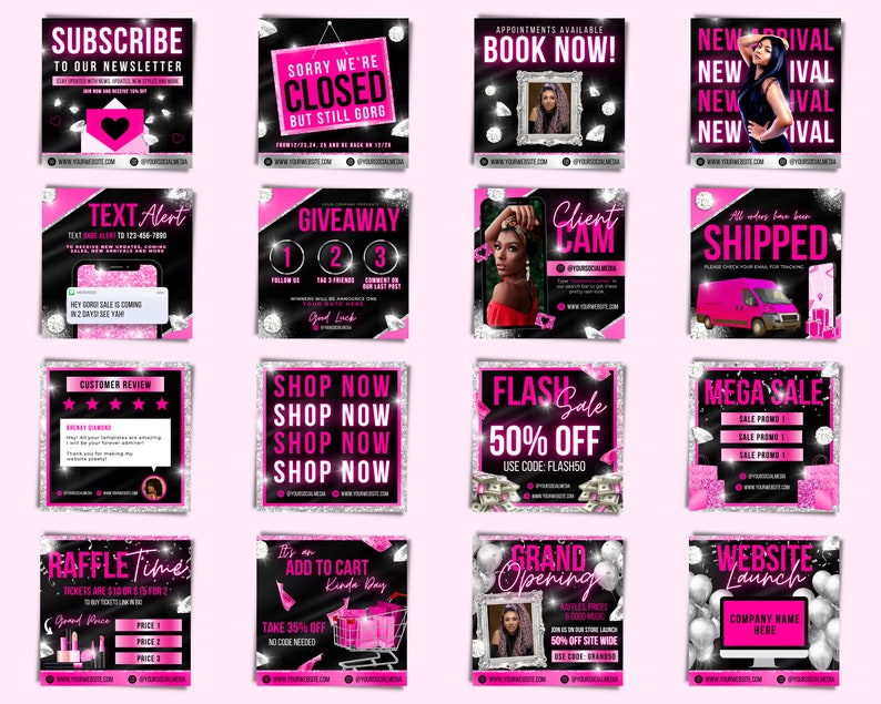 May include: A collection of 16 social media post templates for a business. The templates feature a black background with pink and silver glitter accents. The text on the templates includes phrases like "Subscribe to our newsletter", "Shop Now", "Giveaway", "Flash Sale", "Mega Sale", "Raffle Time", "Grand Opening", and "Website Launch".