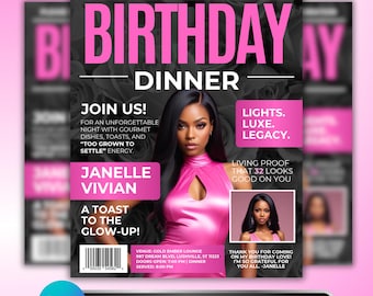 Magazine Birthday Dinner Invitation: Luxury Pink Glam Milestone Celebration Invite, Women’s Editable Canva Template