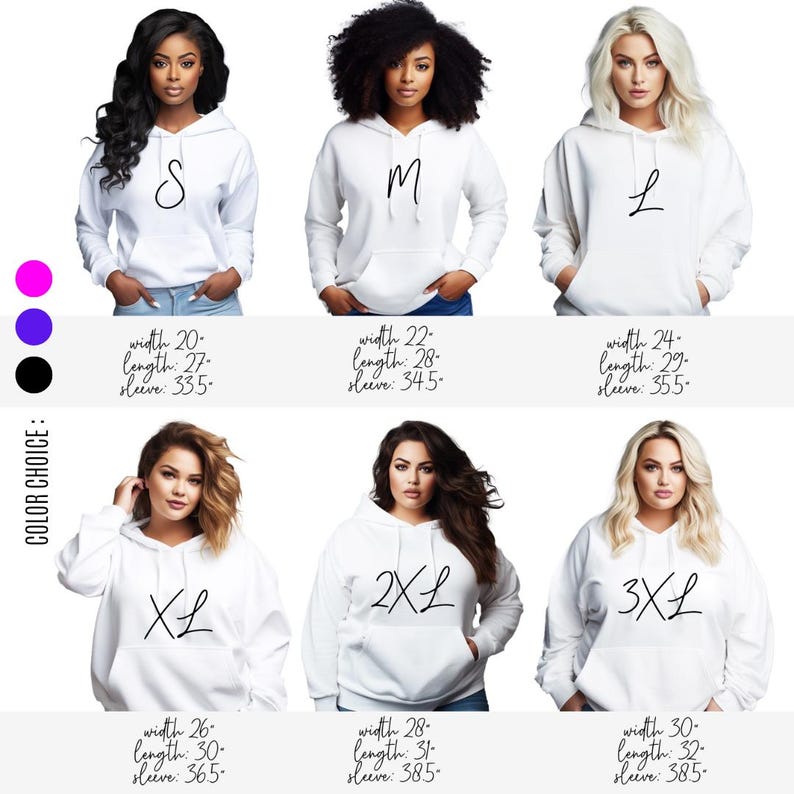 May include: White hooded sweatshirts in various sizes, from S to 3XL, are displayed. Each sweatshirt has a front pocket and a size label. Measurements are provided for width, length, and sleeve length in inches. The image also shows color options.
