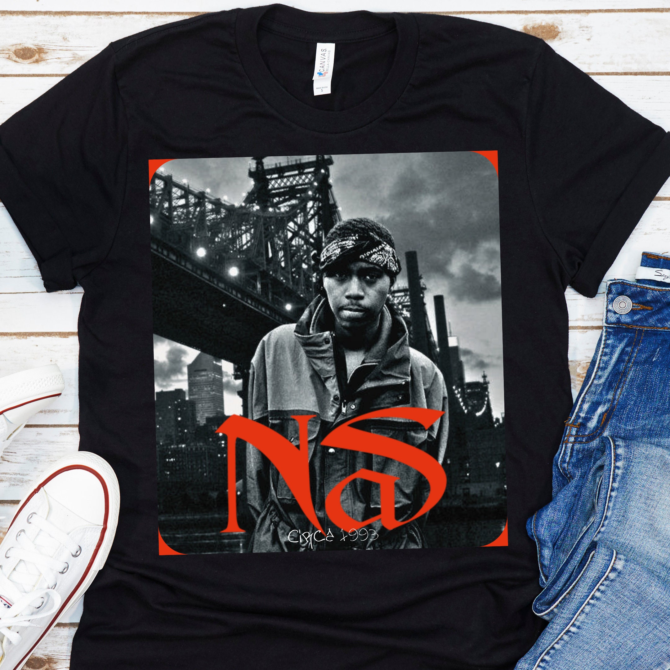 NAS NASIR L/S T-SHIRT SIZE XL RAP TEE Nas Circa 1993 Tee | Rare B\u0026W of Hip-hop Music Legend Nas Shirt
