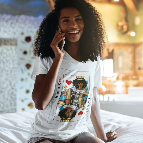 Afro Queen of Hearts Tee | Black Queen Mother of Hearts Card Tshirt | Multiethnic Women's Card Deck Graphic T-shirt | ZuluSky