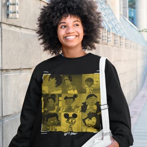 African American Cartoon Mosaic (Yellow) Sweatshirt | Iconic Black Girl Cartoon Sweater | One of A Kind GRL PWR Superhero Pullover | ZuluSky