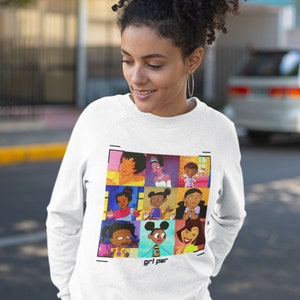 African American Cartoon Mosaic Sweatshirt | Popular Black Girl Cartoon Sweater | One of A Kind GRL PWR Superhero Pullover | ZuluSky