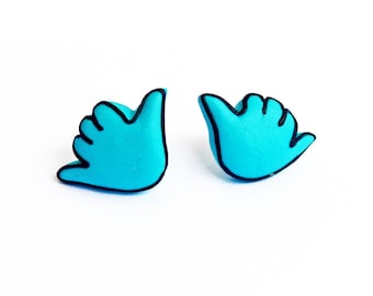 Shaka Hand Earings, Hang Loose Shaka Sign Blue Stud Earrings, Surfers Sign, Kiter Gift, Surfboard, Hand Sign Jewelry, Wave Riders Gesture