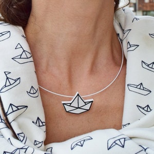 Japan Jewelry for Women, Paper Boat Necklace, Origami Necklace, Paper Boat Jewelry, Boat Life, White Necklace, Ship Pendant, Gift For Sailor