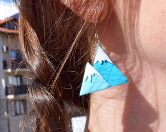 Mountain Earrings with Blue Peaks with Snow, Wanderlust Jewelry for Ski and Snowboarding Lovers, 1 Year Anniversary Gift for Girlfriend